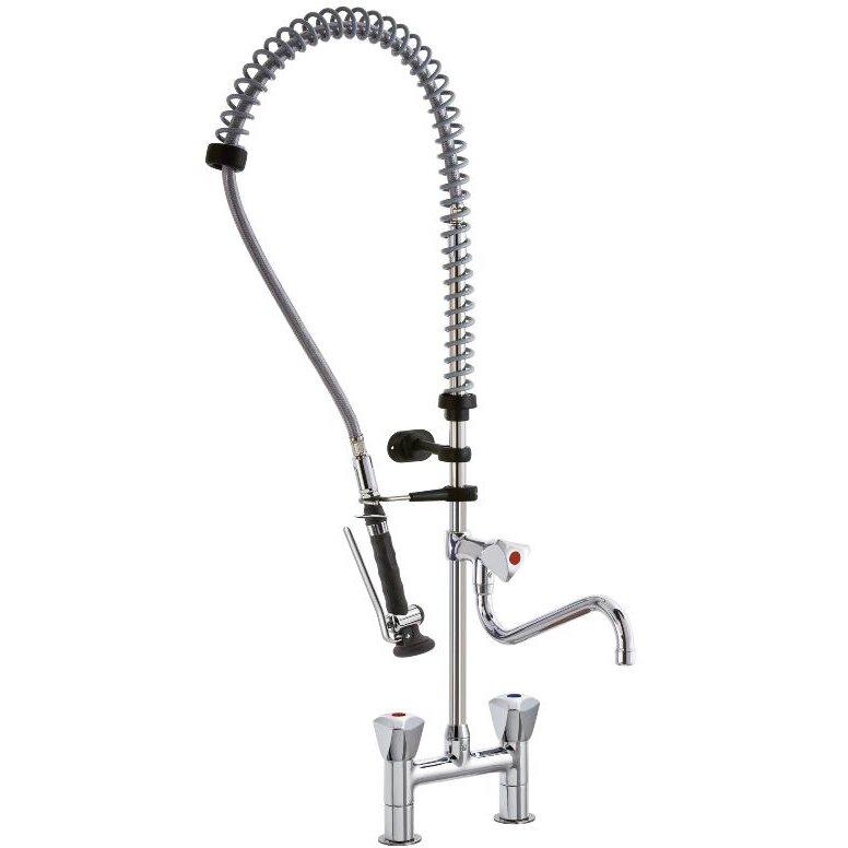 Zweigriff-Geschirrbrause, erhöht, Zweilochmontage, Schwenkhahn