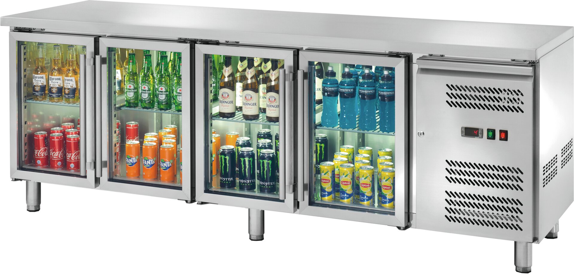 Kühltisch 553 l GN 1/1 ohne Aufkantung, 4 Glastüren