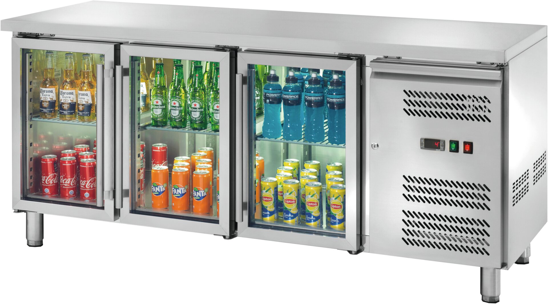 Kühltisch 417 l GN 1/1 ohne Aufkantung, 3 Glastüren