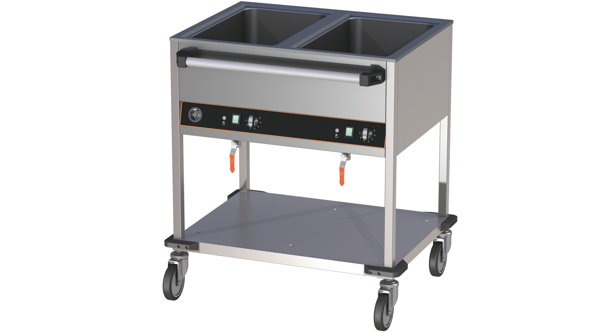Bain-Marie Wagen, 2 x GN 1/1, Bedienleiste lange Seite, 2 Becken, offener Unterbau