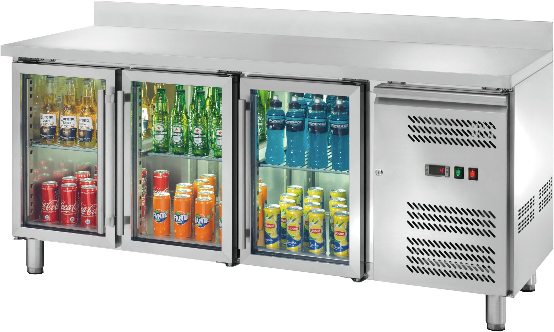 Kühltisch 417 l GN 1/1 mit 100 mm Aufkantung, 3 Glastüren