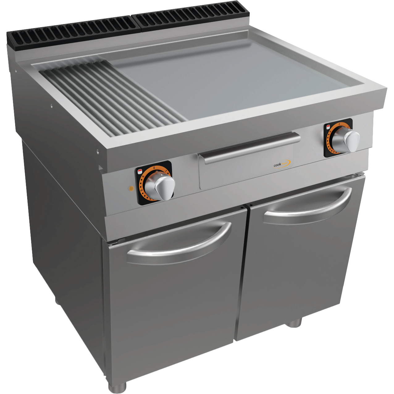 Elektro-Grillplatte, 1/3 gerillt + 2/3 glatt, mit Unterbau mit Türen