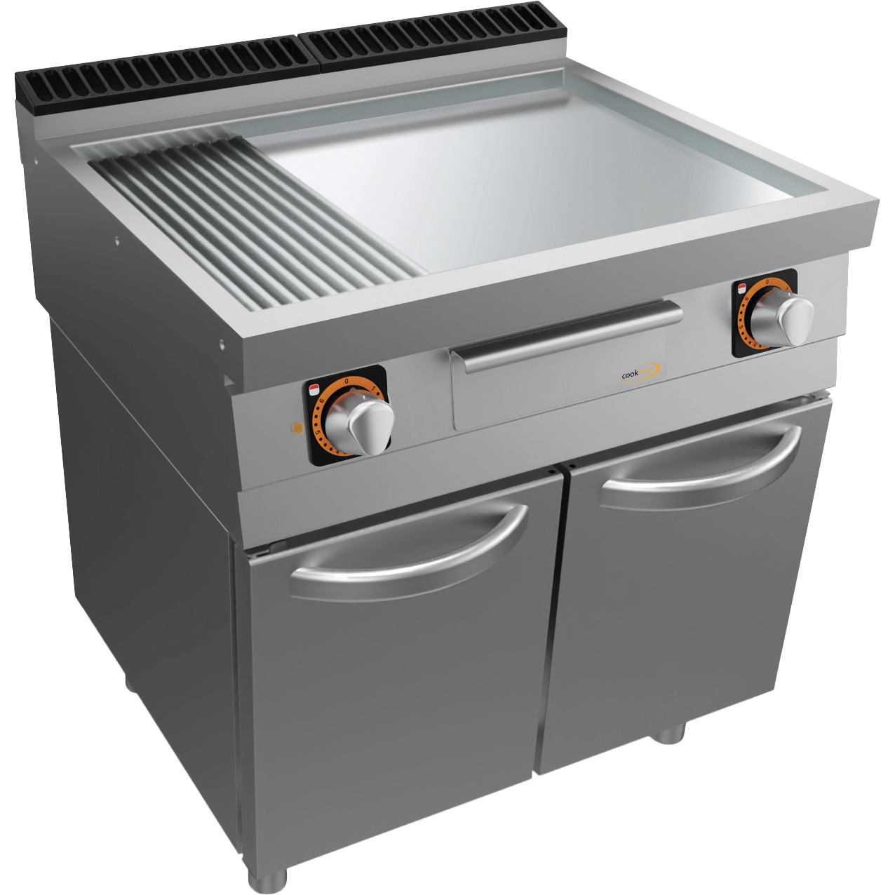 Elektro-Grillplatte, 1/3 gerillt + 2/3 glatt, verchromt, mit Unterbau mit Türen