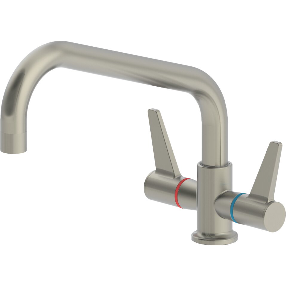 Edelstahl-Wasserarmatur mit Zweigriffmischer und Auslauf für Einlochmontage