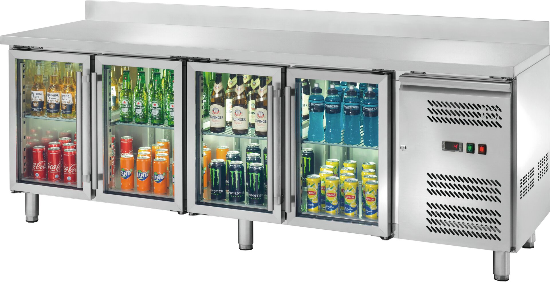 Kühltisch 553 l GN 1/1 mit 100 mm Aufkantung, 4 Glastüren